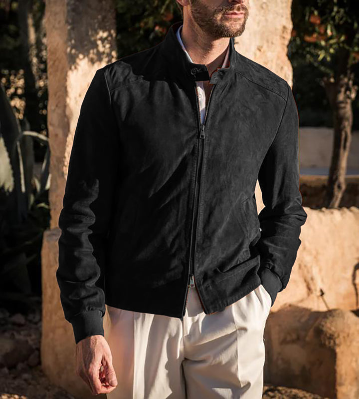 Men's casual suede jacket with stand-up collar and side zip pockets Lisslune