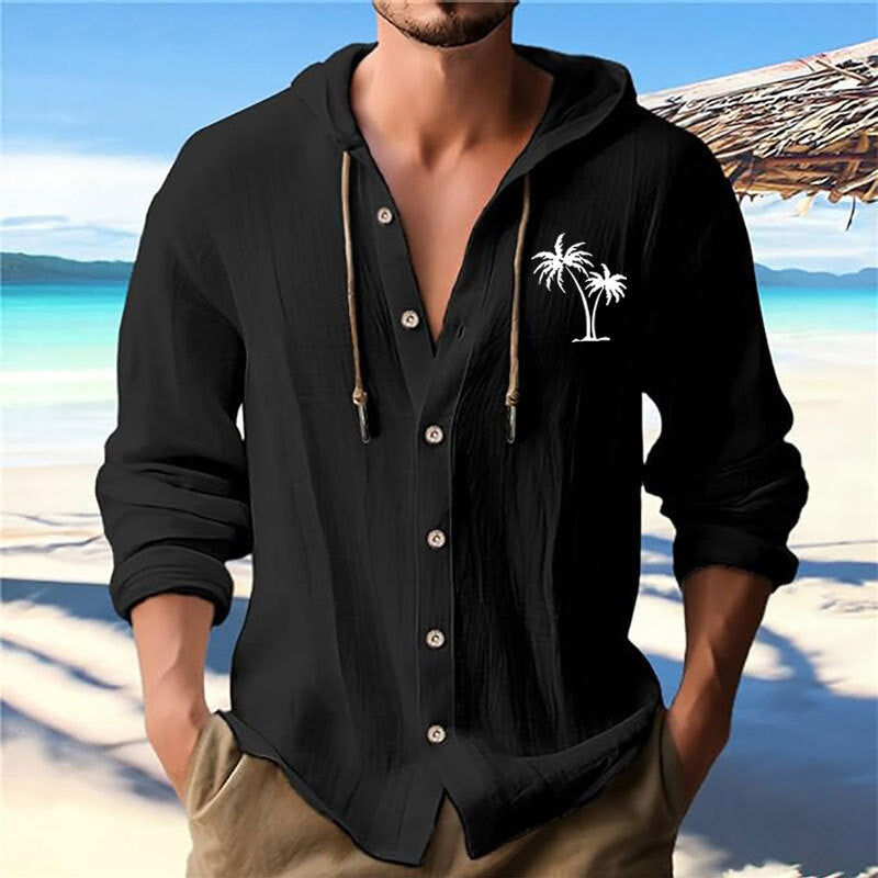 Men's casual hoodie shirt with decorative palm print and button placket Lisslune