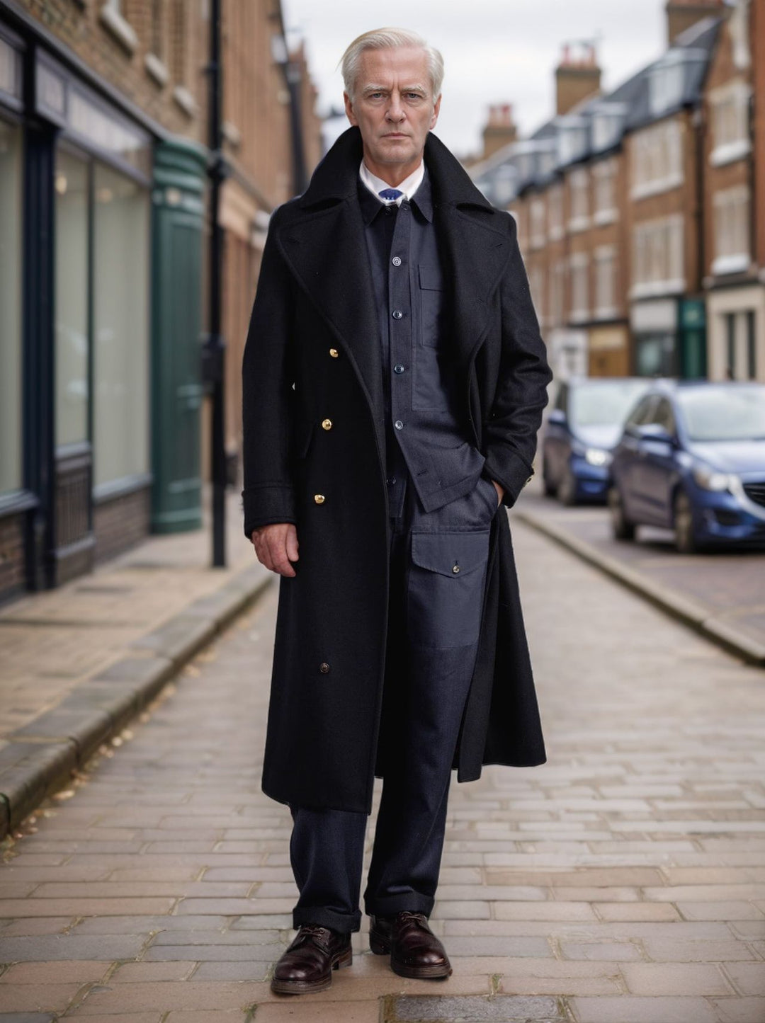 Men's elegant long coat with double-breasted button row and wide lapels Lisslune