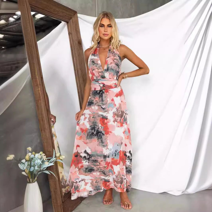 Ladies maxi dress with deep V-neck and elegant tie belt Lune London