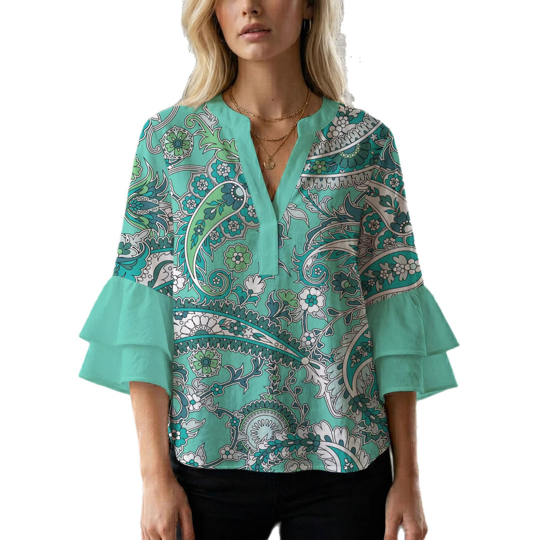Ladies elegant blouse shirt with voluminous puff sleeves and graphic floral design Lisslune