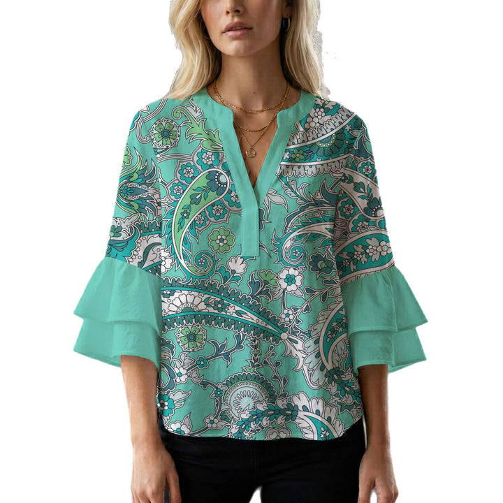 Ladies elegant blouse shirt with voluminous puff sleeves and graphic floral design Lisslune