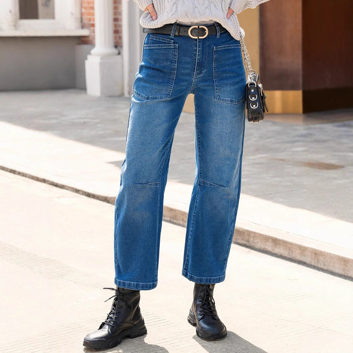 Women's mid-rise denim pants with unique patched pockets Lisslune