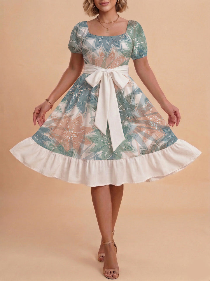 Women's elegant maxi dress with floral design and waist belt Lisslune