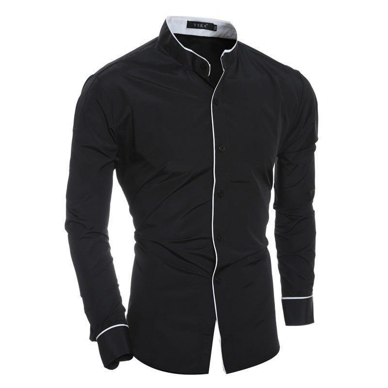 Men's Long-Sleeve Shirt with Modern Stand Collar and Contrasting Details Lisslune