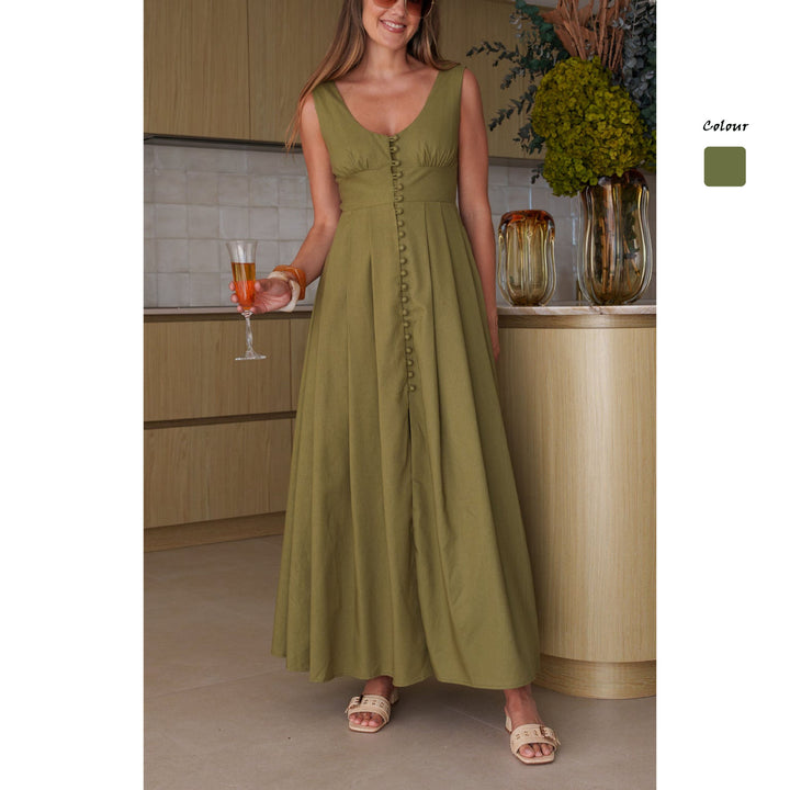Ladies maxi dress with chic button design and elegant V-neck Lune London