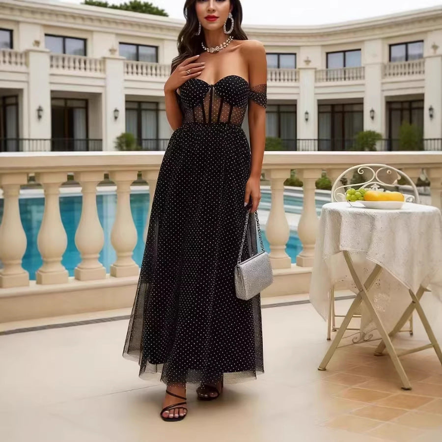 Women's Elegant Off-Shoulder Maxi Dress with Sheer Inserts and Polka Dot Pattern Lisslune