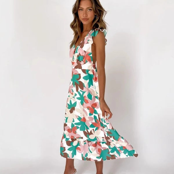 Women's Long Sleeve Maxi Dress with Playful Ruffle Design and Open Back