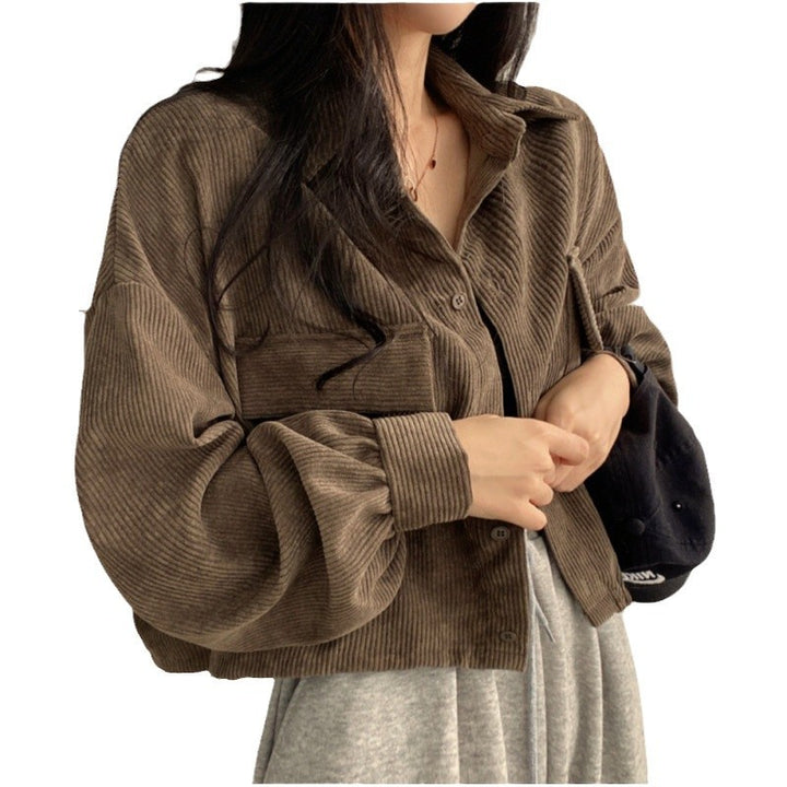 Ladies men's jacket in soft cord design with practical pockets and trendy puff sleeves