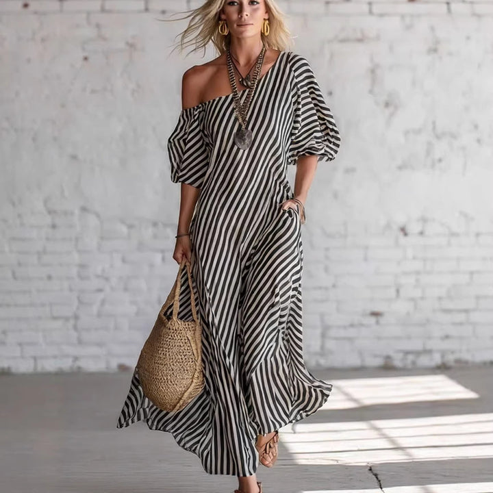 Women's maxi dress with asymmetrical cut and striking stripes Lisslune