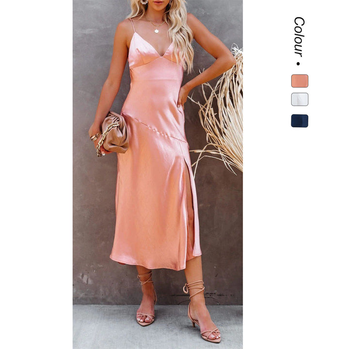 Women's satin midi dress with elegant V-neckline and sophisticated slit