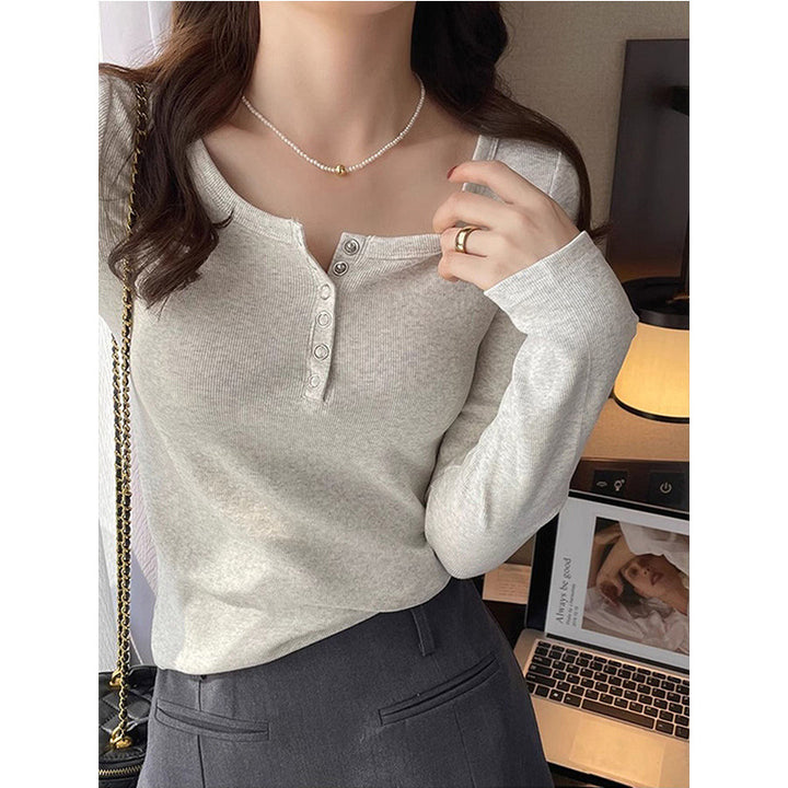 Women's Long Sleeve Shirt with Button Placket and Fine Ribbed Texture