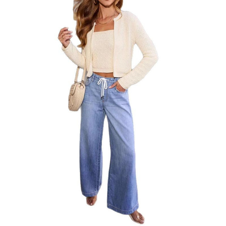 Women Wide Cut Denim Trousers with Elastic Waistband and Modern Drawstring Lisslune