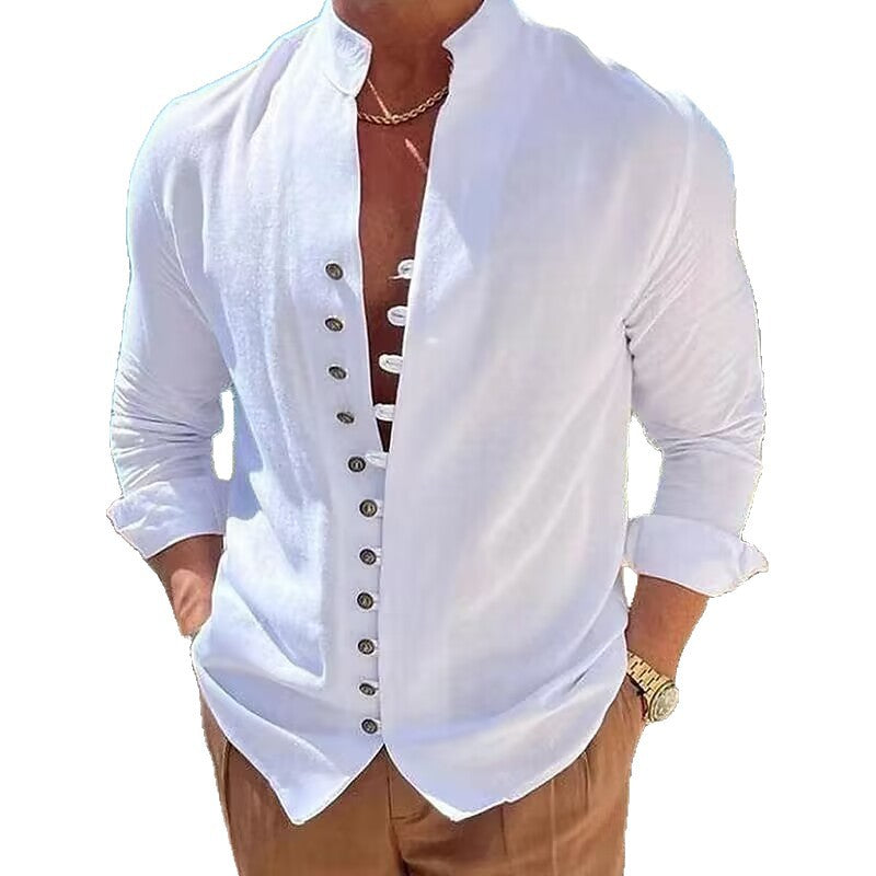 Men's cotton shirt with fashionable stand-up collar and decorative button placket Lisslune