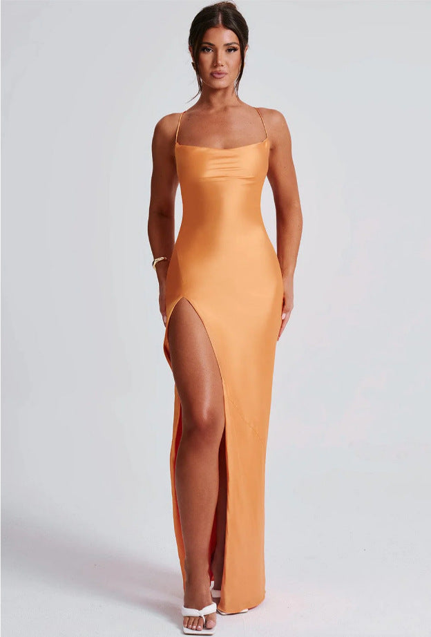 Women's Elegant Maxi Dress with High Slit and Slim Strap Design