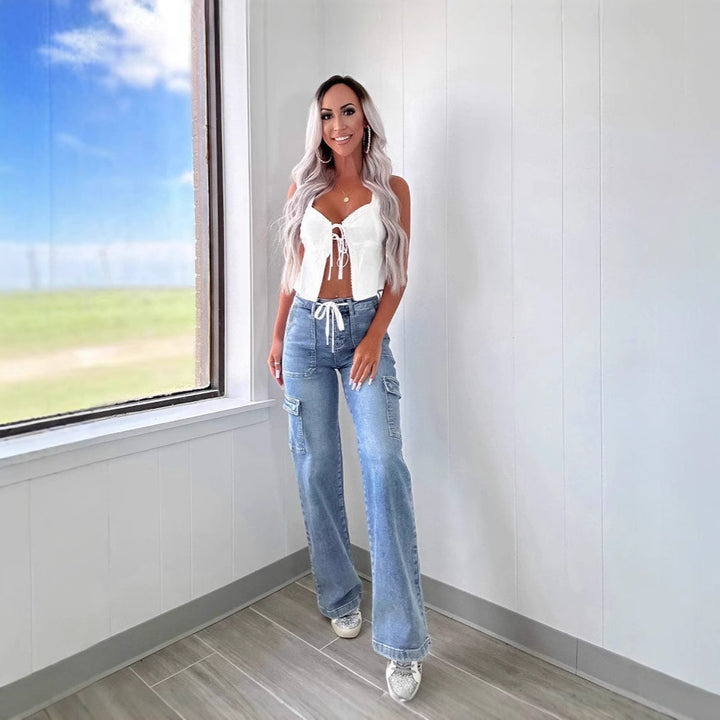 Ladies Cargo Jeans with Wide Leg and High Pockets Lisslune