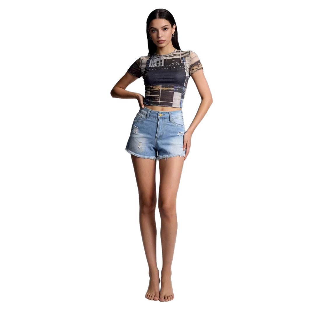 Women's Crop Top and High-Waist Jeans Shorts Lisslune
