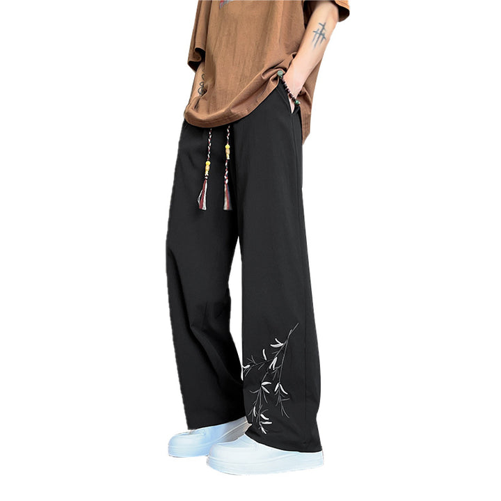 Men's Casual Wide-Leg Pants with Artistic Embroidery Design Lisslune
