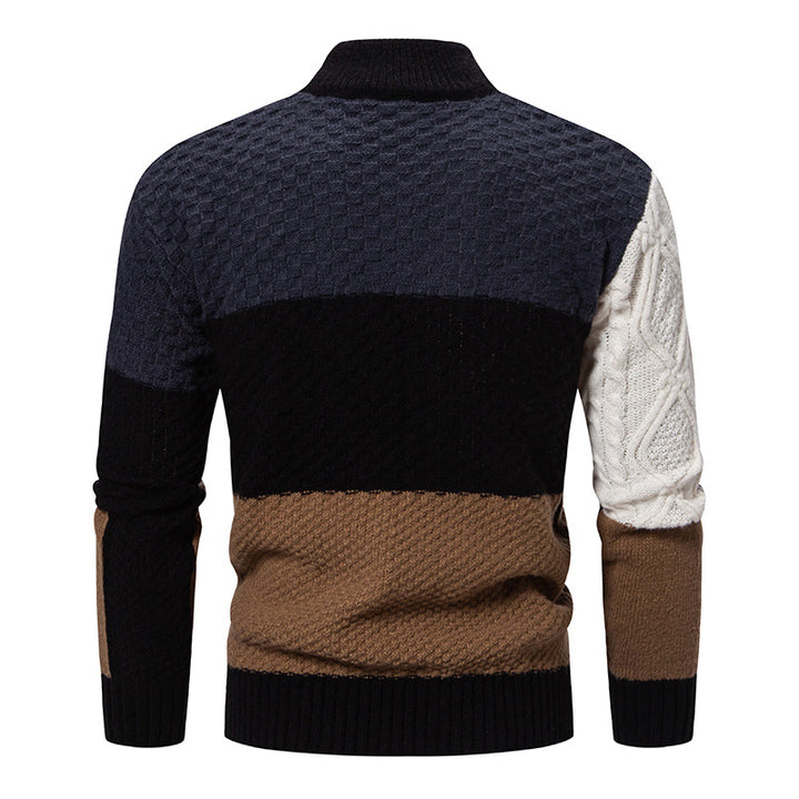 Men's fashionable chunky knit sweater with high collar and textured color block design Lisslune