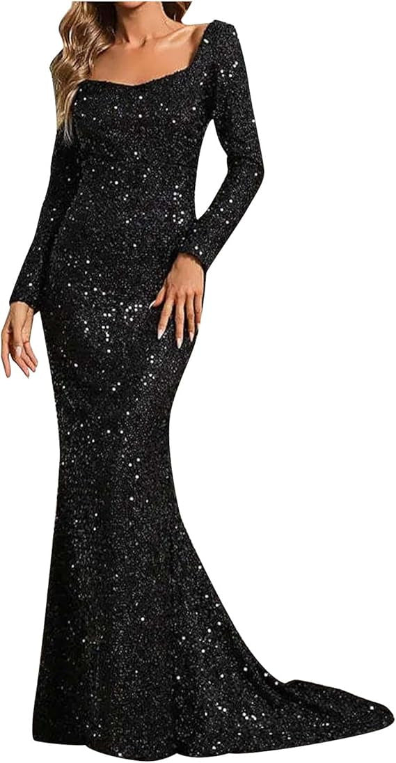 Ladies Glamorous Glitter Evening Dress with Swinging Skirt and Voluminous Sleeves Lisslune