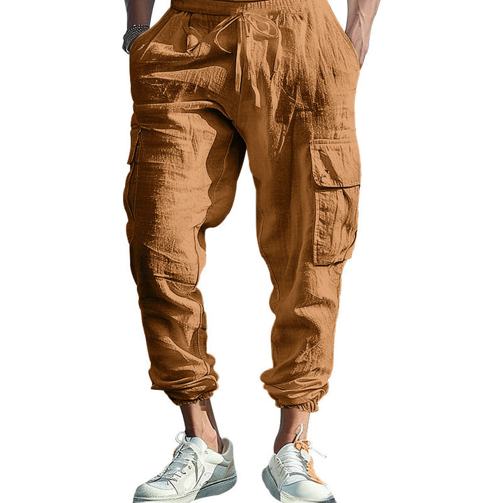 Men's comfortable cargo pants made of lightweight linen material with elastic waistband and practical side pockets Lisslune