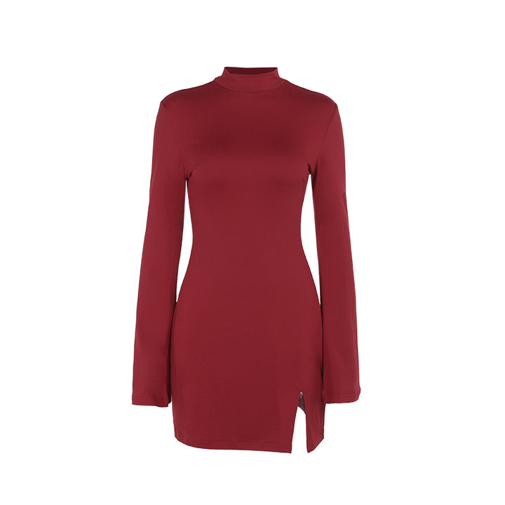 Women's elegant figure-hugging mini dress with long sleeves and slit Lune London