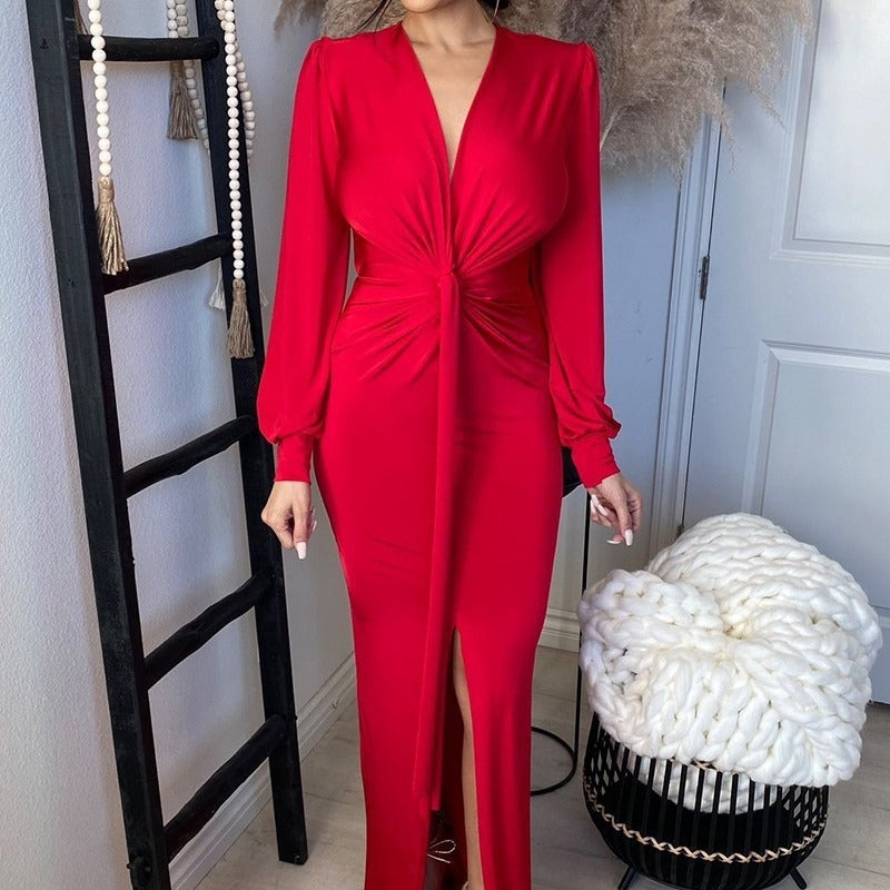 Women's Elegant Evening Dress with Deep V-Neck and Slit Lisslune