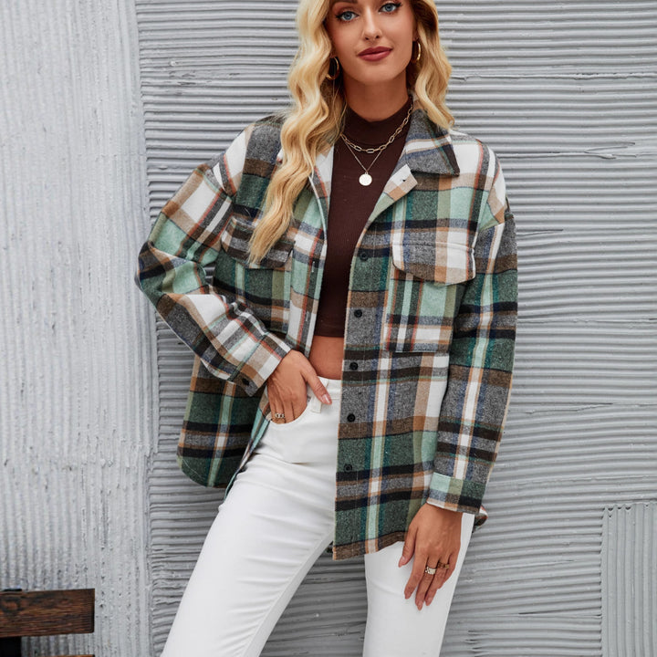 Women's checkered shirt jacket in a casual style with practical chest pockets.