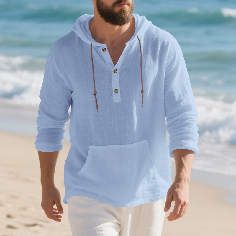 Men's casual hooded top with button placket and practical kangaroo pocket Lisslune