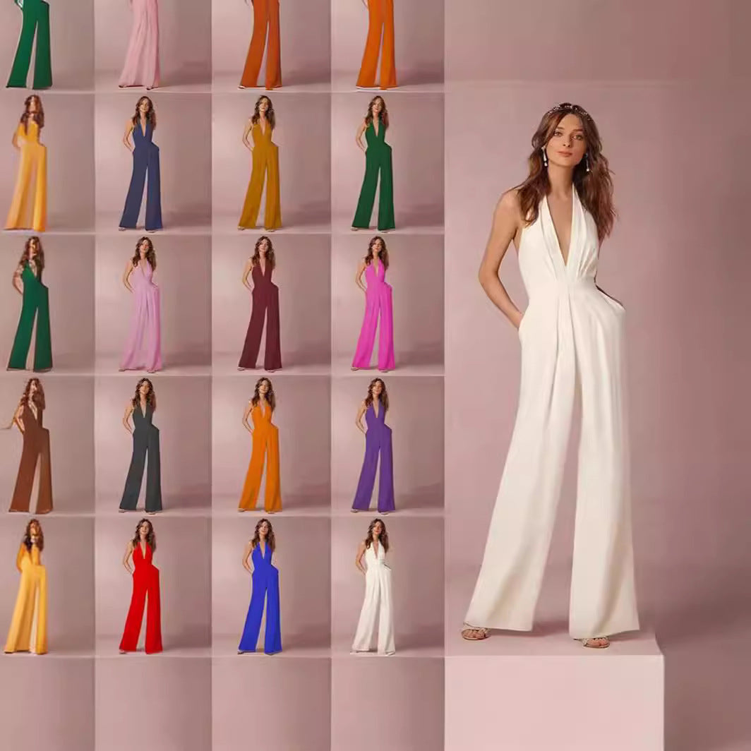 Ladies Elegant Jumpsuit with Deep V-Neck and Wide Leg Lisslune