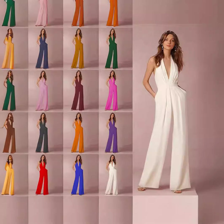Ladies Elegant Jumpsuit with Deep V-Neck and Wide Leg Lisslune