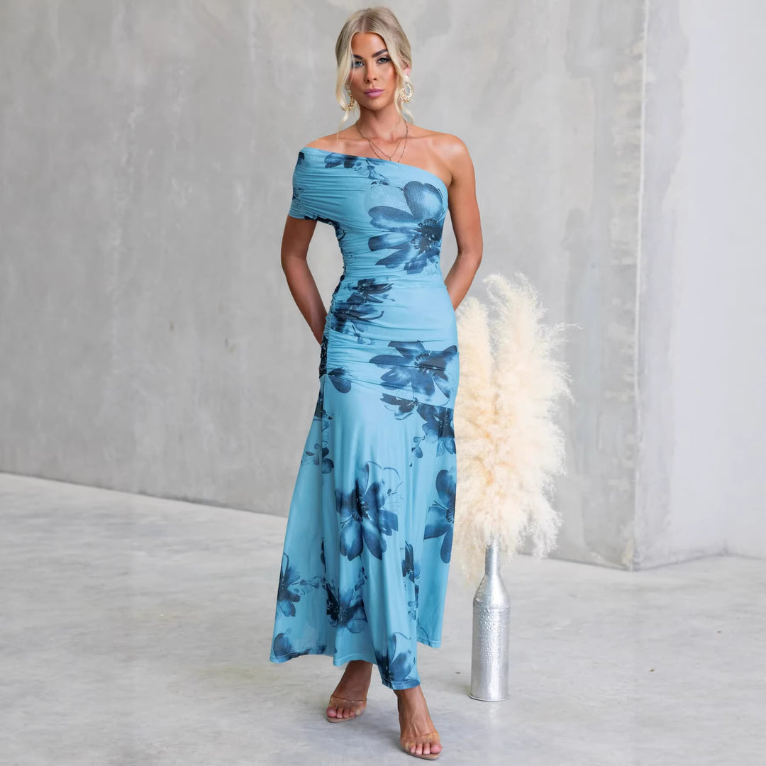 Women's Off-Shoulder Maxi Dress with Floral Accents and Ruffled Design
