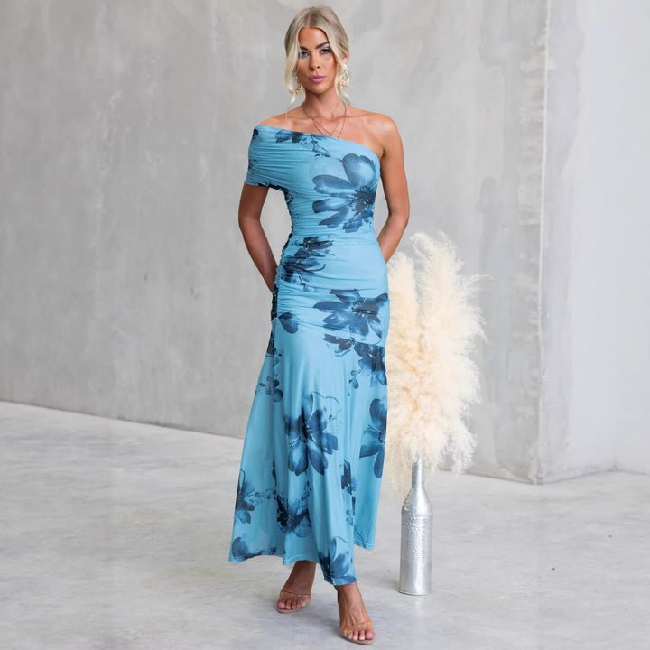 Women's Off-Shoulder Maxi Dress with Floral Accents and Ruffled Design