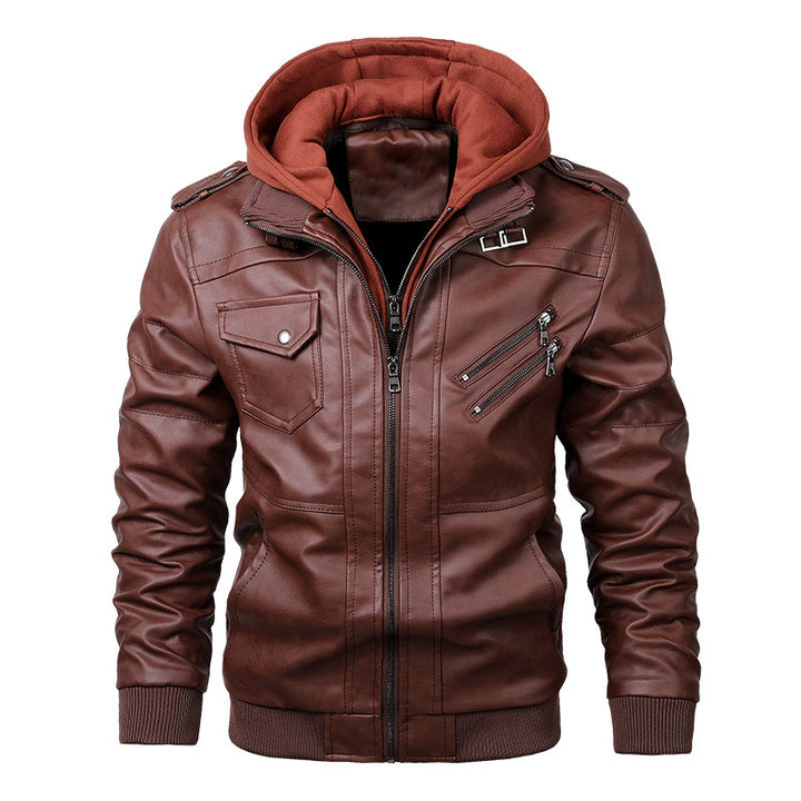 Men's Cool Leather Jacket with Integrated Hood and Versatile Pockets Lisslune