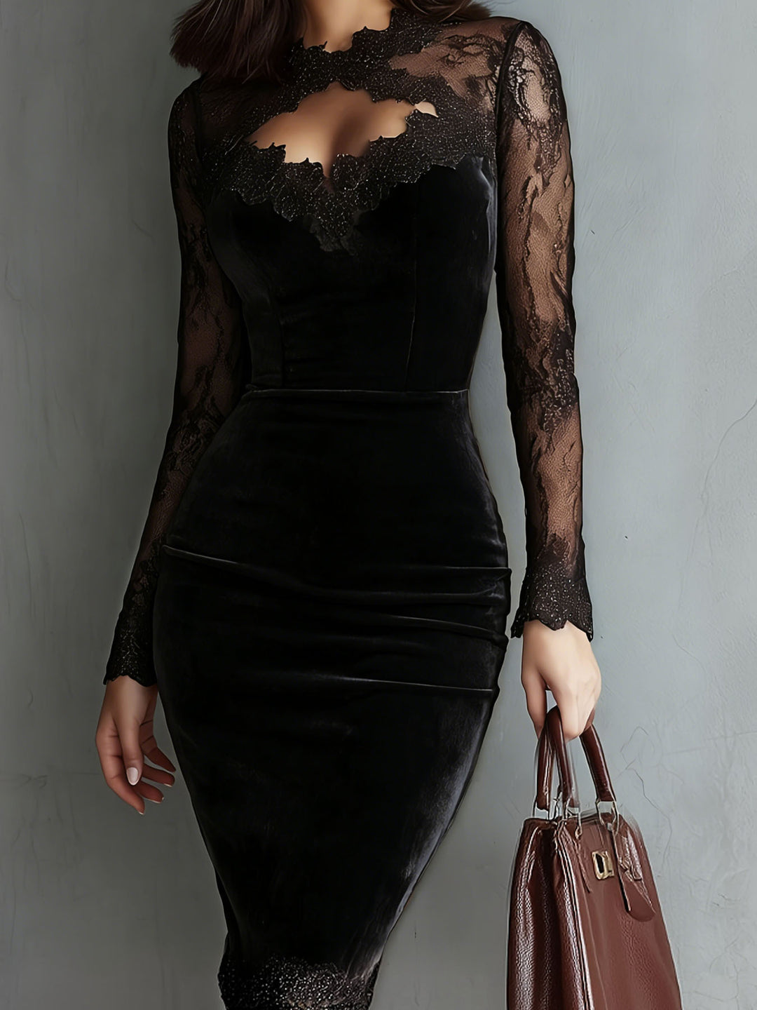 Women Elegant Velvet Dress with Lace Inserts and Tailored Cut Lisslune