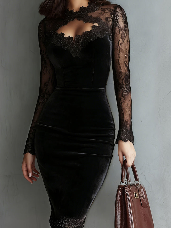 Women Elegant Velvet Dress with Lace Inserts and Tailored Cut Lisslune