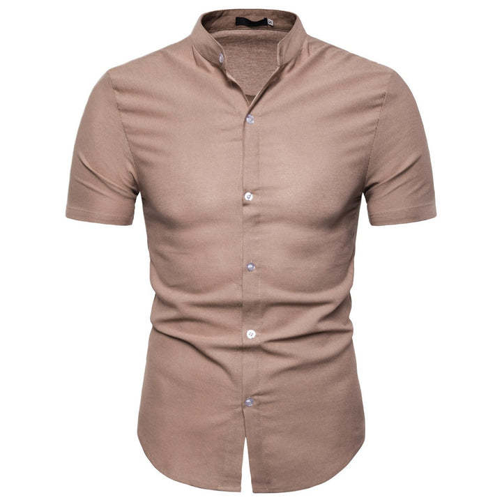 Men's short-sleeve shirt with modern stand-up collar and elegant button details Lisslune