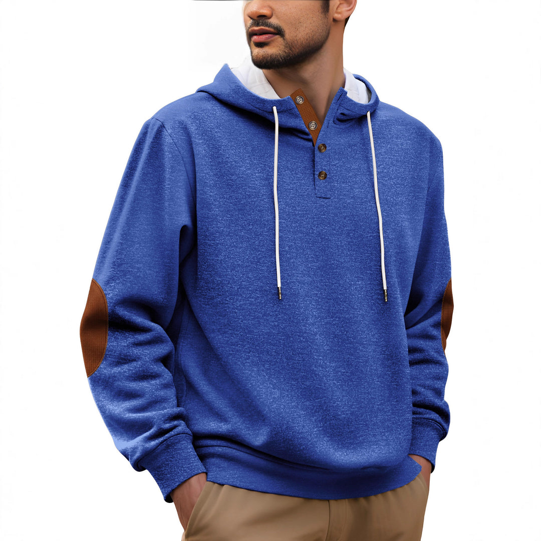 Men's hooded sweatshirt with modern button placket design and reinforced elbow patches Lisslune
