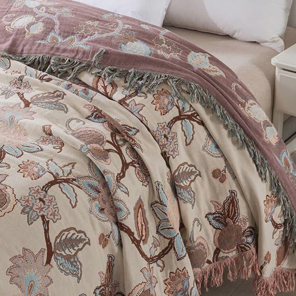 Lisslune | Orchid Trail Floral Cotton Tassel Bed Blanket