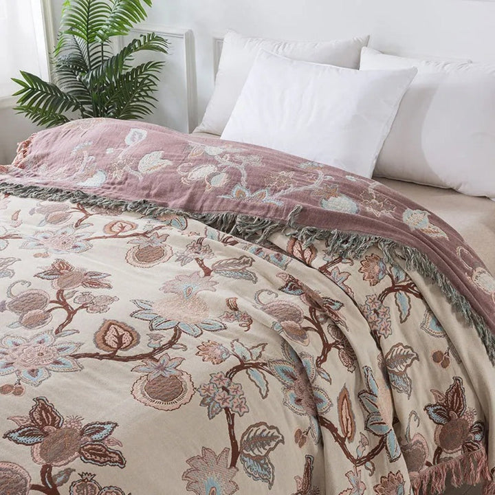 Lisslune | Orchid Trail Floral Cotton Tassel Bed Blanket