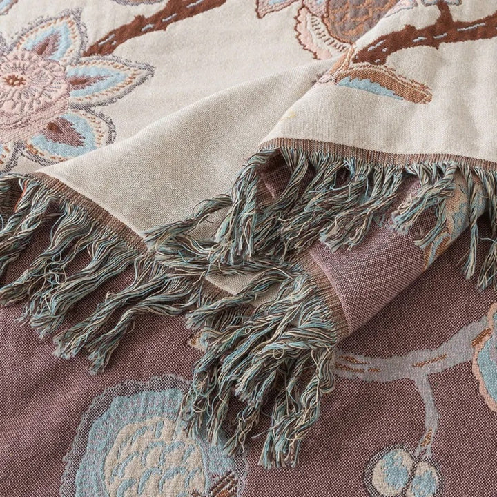 Lisslune | Orchid Trail Floral Cotton Tassel Bed Blanket