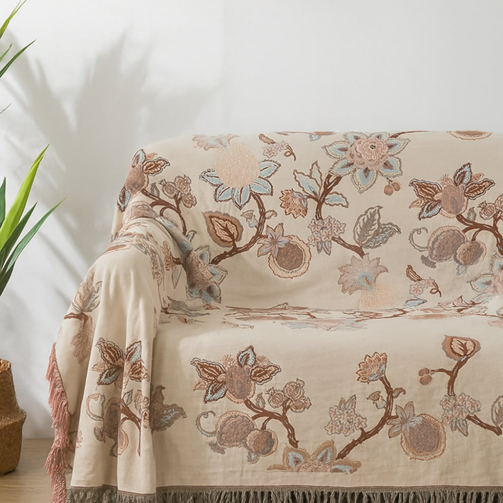 Lisslune | Orchid Trail Floral Cotton Tassel Bed Blanket