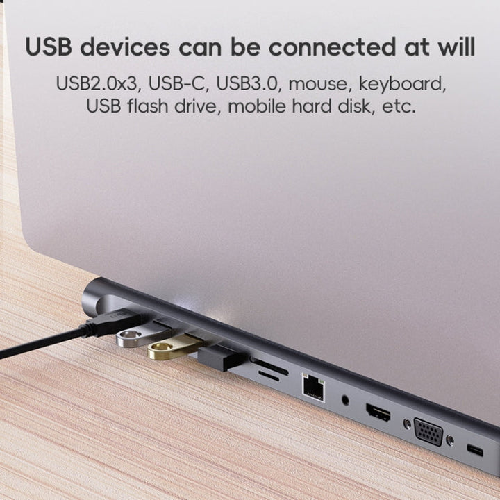 Lisslune | AD-059 11 in 1 USB-C / Type-C to 4K HDMI + VGA + SD / TF card slot + Gigabit Ethernet + 3.5mm AUX + USB-C / Type-C + 4 USB 3.0 Multi-functional docking station HUB