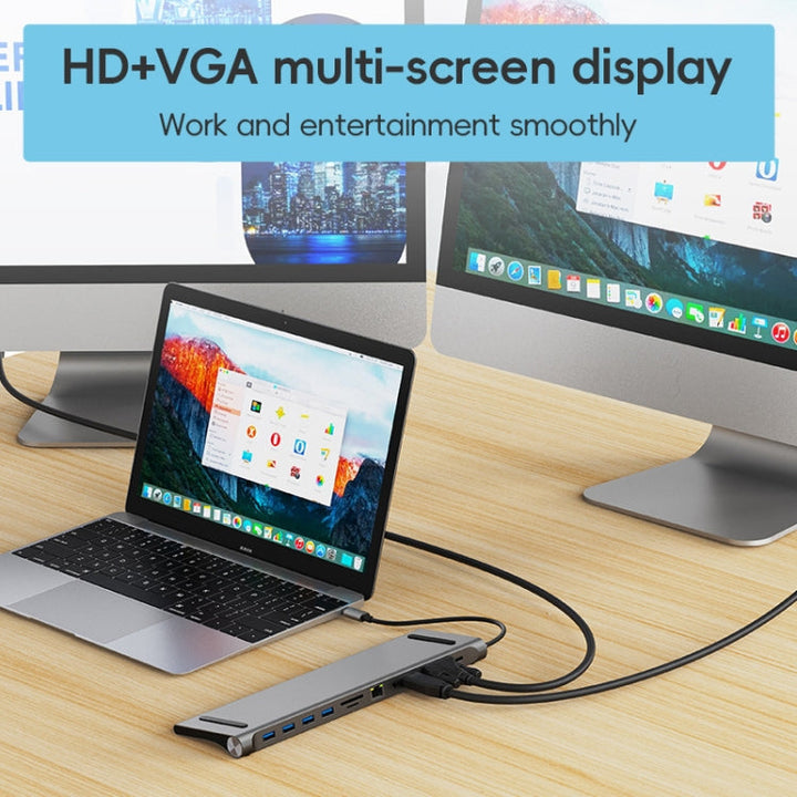 Lisslune | AD-059 11 in 1 USB-C / Type-C to 4K HDMI + VGA + SD / TF card slot + Gigabit Ethernet + 3.5mm AUX + USB-C / Type-C + 4 USB 3.0 Multi-functional docking station HUB