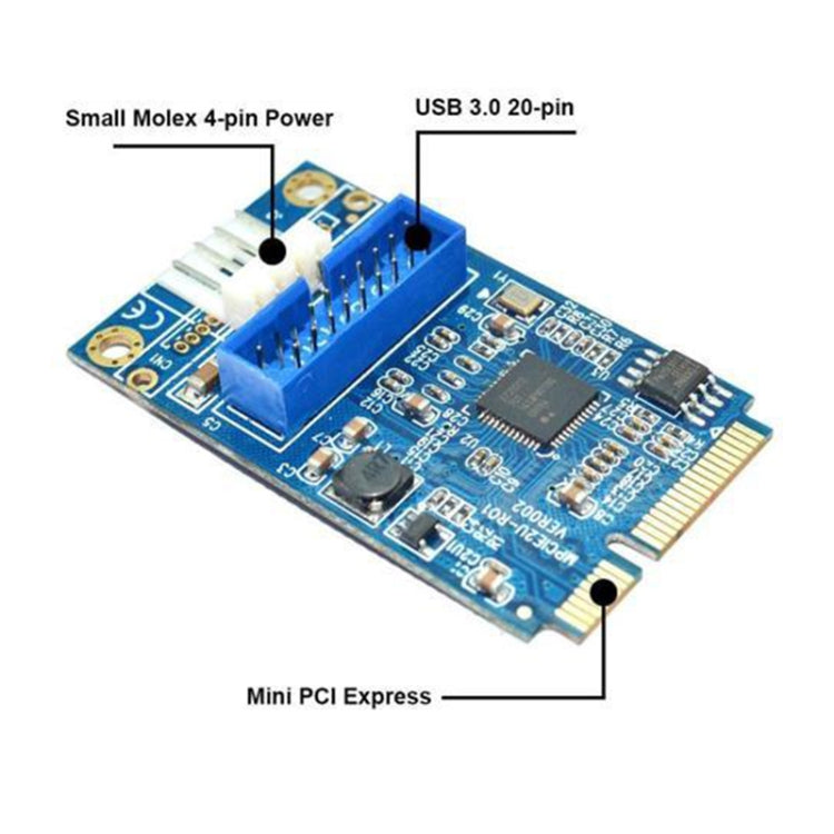 Lisslune | MINI PCI-E to USB 3.0 Front 19-Pin Desktop-PC Expansion Card with 4-Pin Power Connector (Blue)