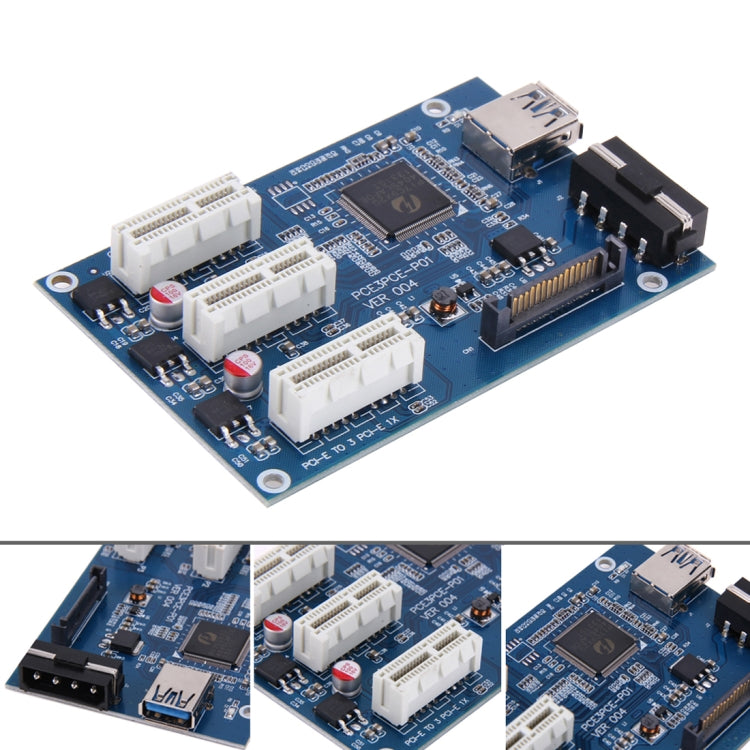 Lisslune | PCI-E 1 to 3 PCI Express 1 Slots Riser Card 3 PCI-E Slot Adapter PCI-E Port Multiplier Card with 60cm USB Cable (Blue)