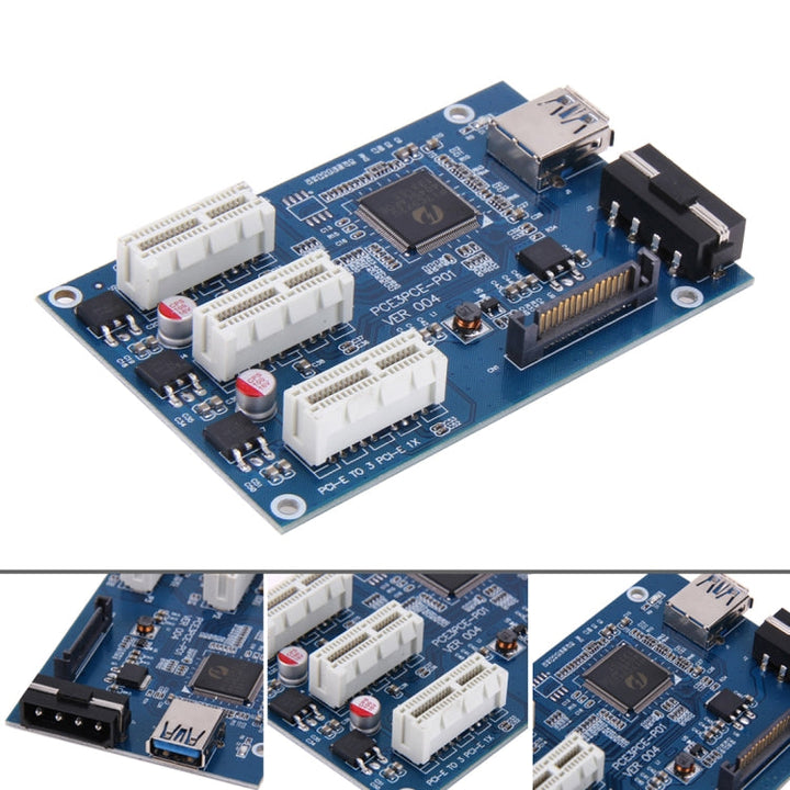 Lisslune | PCI-E 1 to 3 PCI Express 1 Slots Riser Card 3 PCI-E Slot Adapter PCI-E Port Multiplier Card with 60cm USB Cable (Blue)