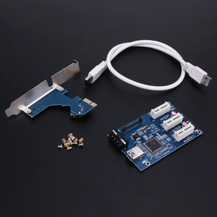 Lisslune | PCI-E 1 to 3 PCI Express 1 Slots Riser Card 3 PCI-E Slot Adapter PCI-E Port Multiplier Card with 60cm USB Cable (Blue)