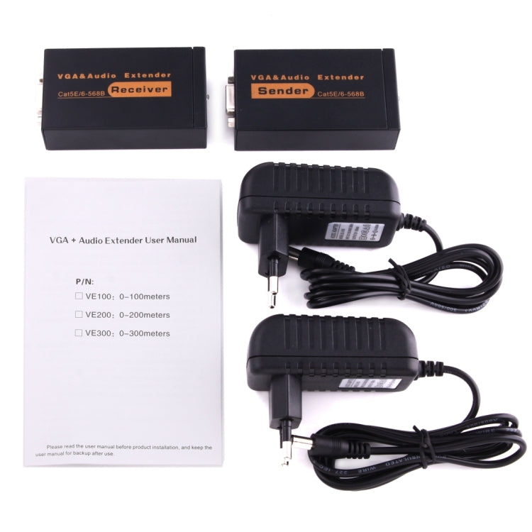 Lisslune | VGA & Audio Extender 1920x1440 HD 100m Cat5e / 6-568B Network Cable Sender Receiver Adapter, EU Plug (Black)
