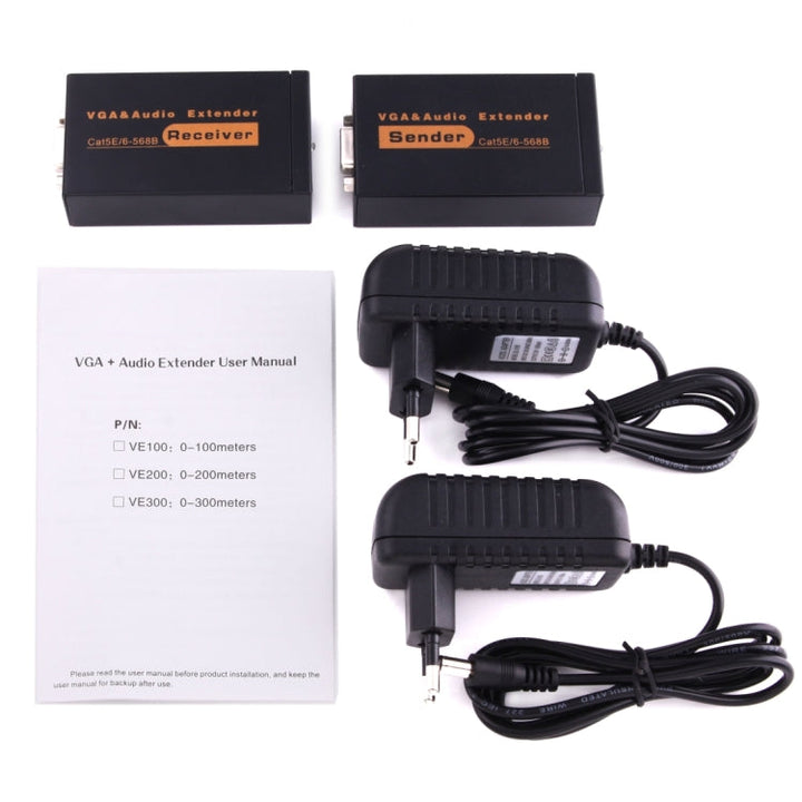 Lisslune | VGA & Audio Extender 1920x1440 HD 100m Cat5e / 6-568B Network Cable Sender Receiver Adapter, EU Plug (Black)
